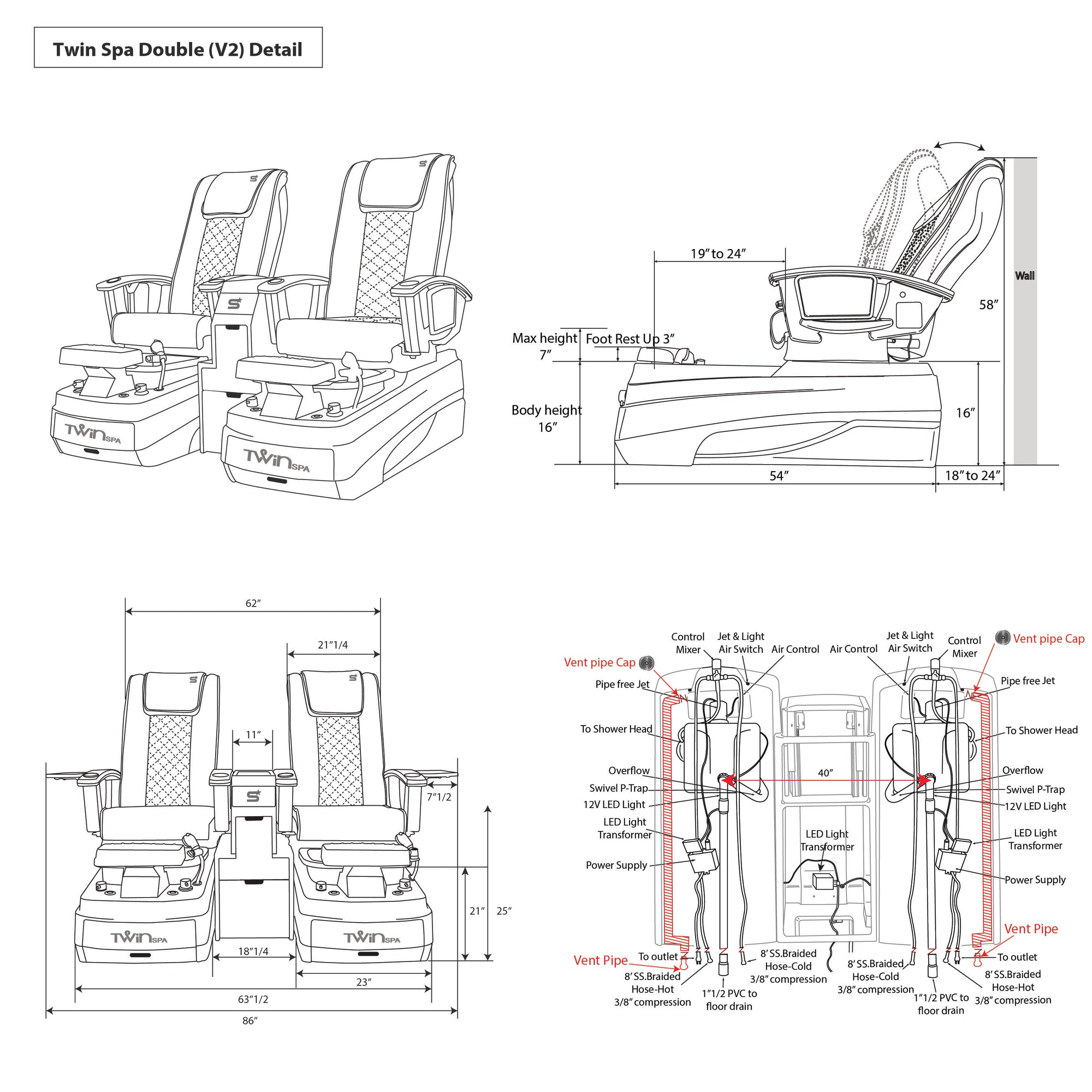 Twin Spa Double-V2 - Off White Tub - New Star Spa &amp; Furniture Corp.