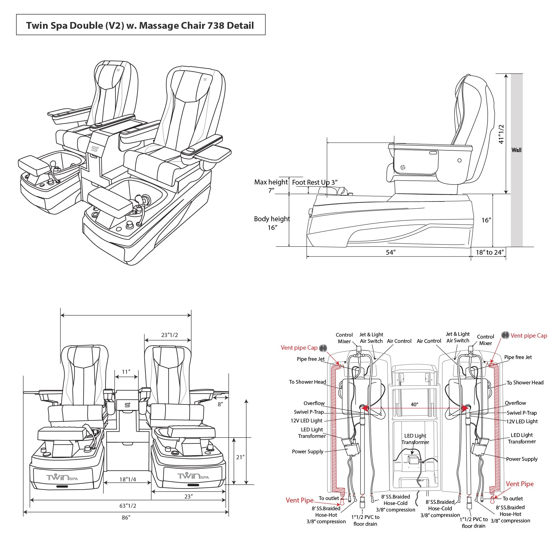 Twin Spa Double - V2 - Off White Tub - New Star Salon Furniture