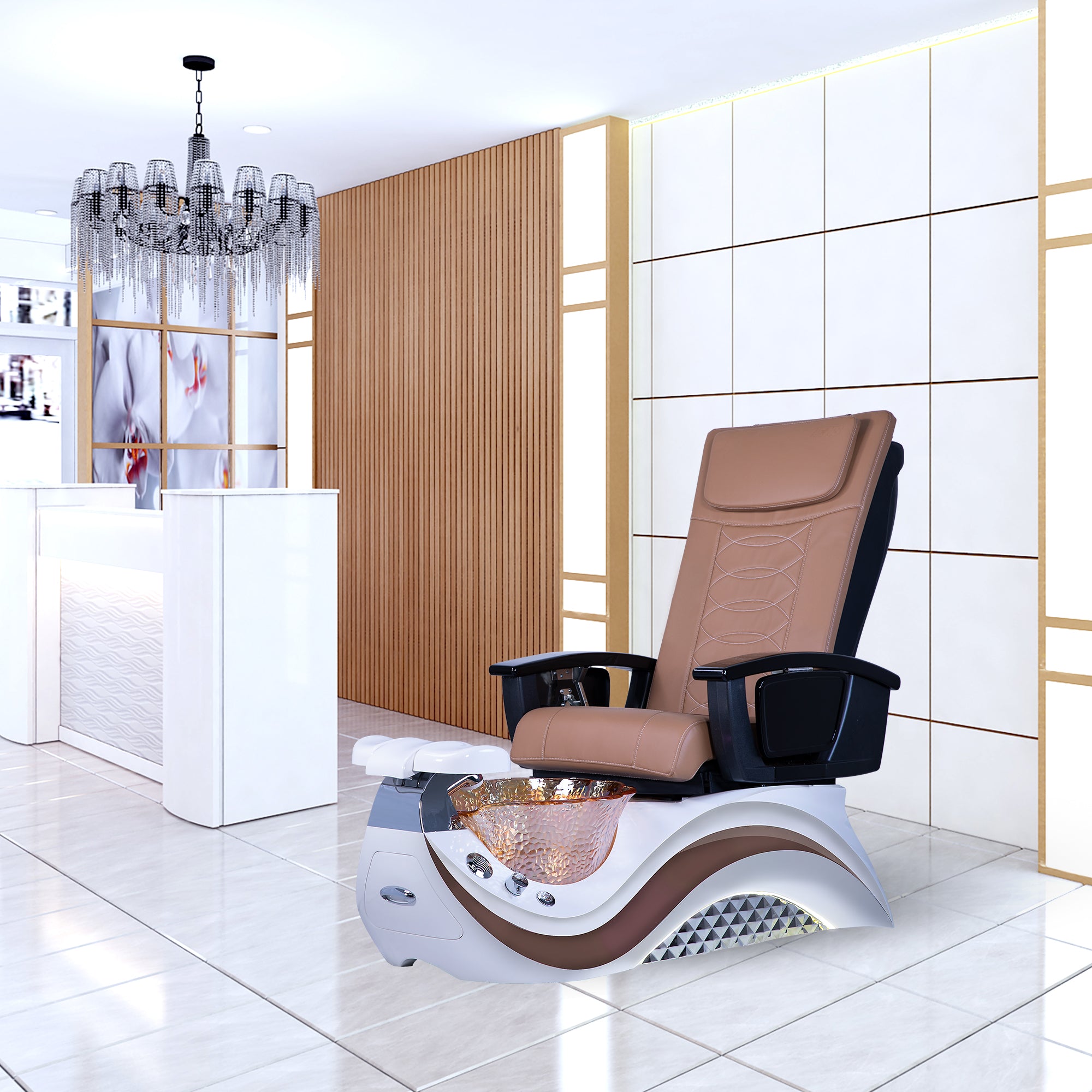 Max Spa - White/Brown Tub &amp; Gold Sink with Massage Chair 299-V2 - New Star Spa &amp; Furniture Corp.