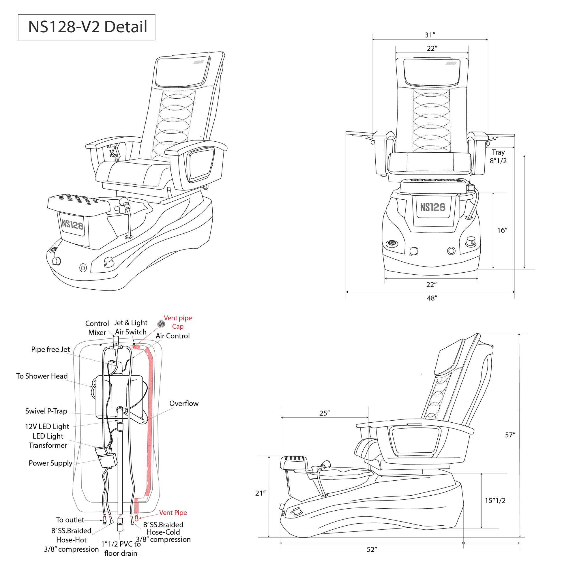 NS128-V2 - Light Cream Tub & Metallic Beige Sink with Massage Chair 299-V2 - New Star Spa & Furniture Corp.