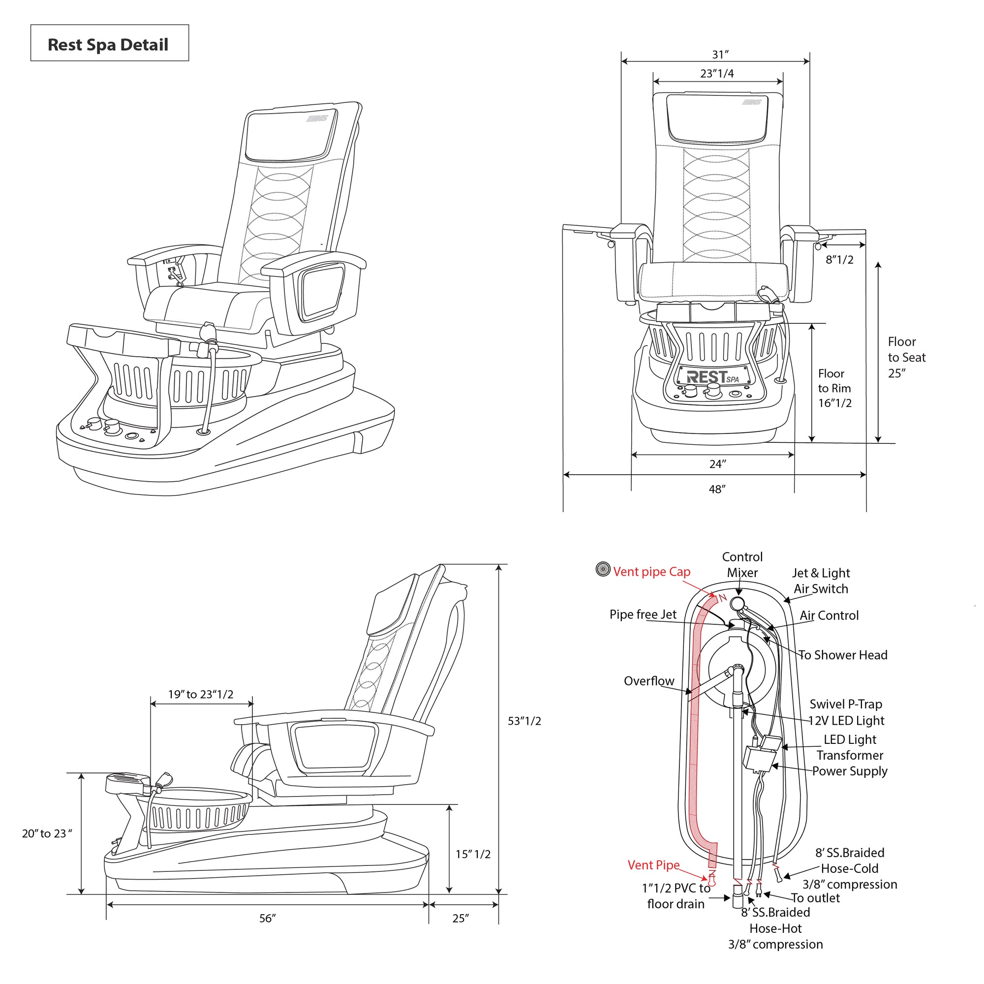 Rest Spa - Black Tub &amp; White Sink with Massage Chair 299-V2 - New Star Spa &amp; Furniture Corp.