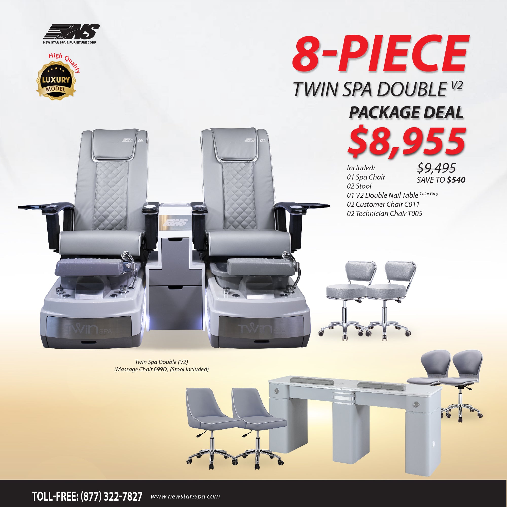 (Twin Spa Double-V2) 8-Piece Package Deal - New Star Spa &amp; Furniture Corp.